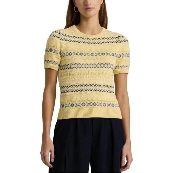 Lauren Ralph Lauren Yellow Fair Isle Knit Puff Sleeve Sweater Top Preppy Size XL - Picture 2 of 9